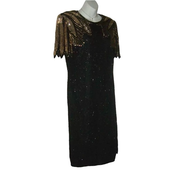 Stenay Dress Vintage 80s 20s Gatsby Dynasty Black Sequin Beaded Flapper Mob Wife - Picture 3 of 16